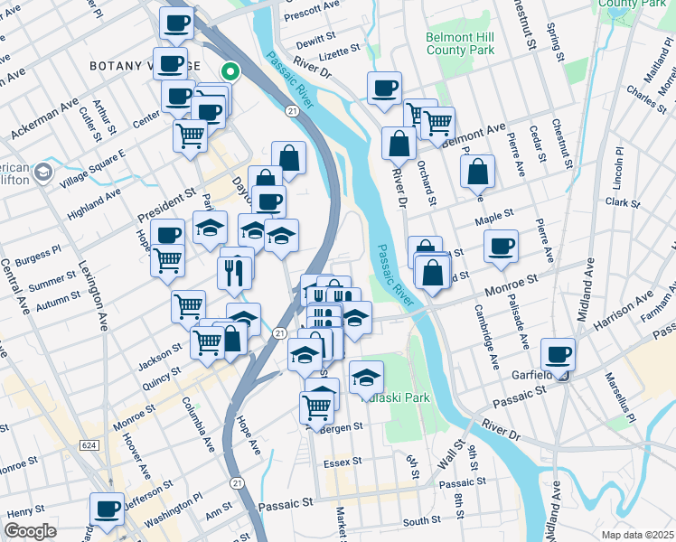 map of restaurants, bars, coffee shops, grocery stores, and more near 246 Virginia Street in Passaic