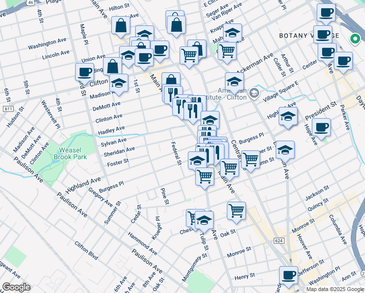map of restaurants, bars, coffee shops, grocery stores, and more near 360 Highland Avenue in Passaic