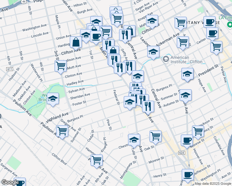 map of restaurants, bars, coffee shops, grocery stores, and more near 5 Federal Street in Clifton