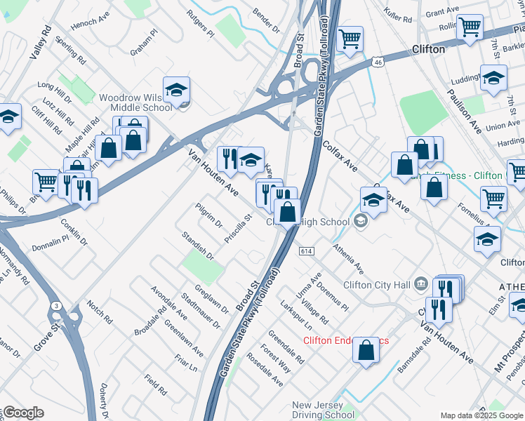 map of restaurants, bars, coffee shops, grocery stores, and more near 1250 Van Houten Avenue in Clifton