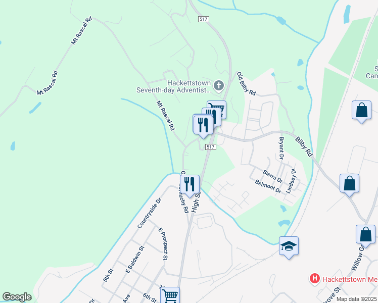 map of restaurants, bars, coffee shops, grocery stores, and more near 917 County Road 517 in Hackettstown