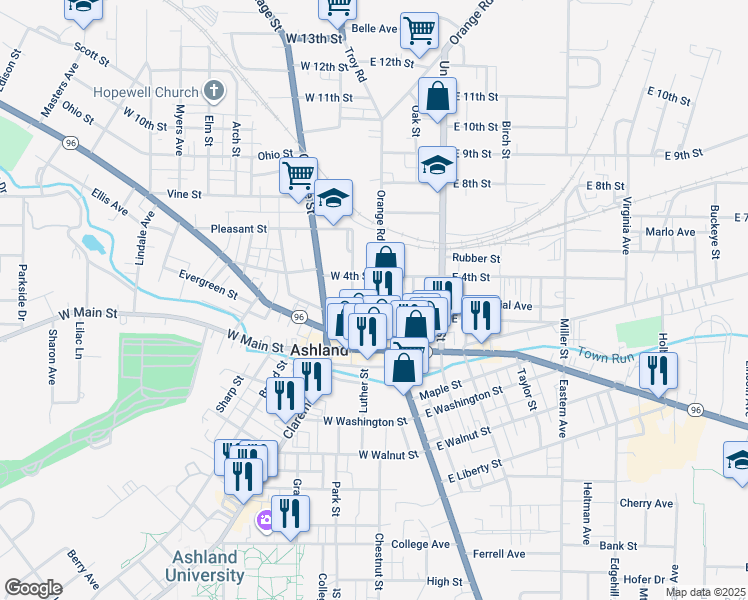 map of restaurants, bars, coffee shops, grocery stores, and more near 345 Orange Street in Ashland