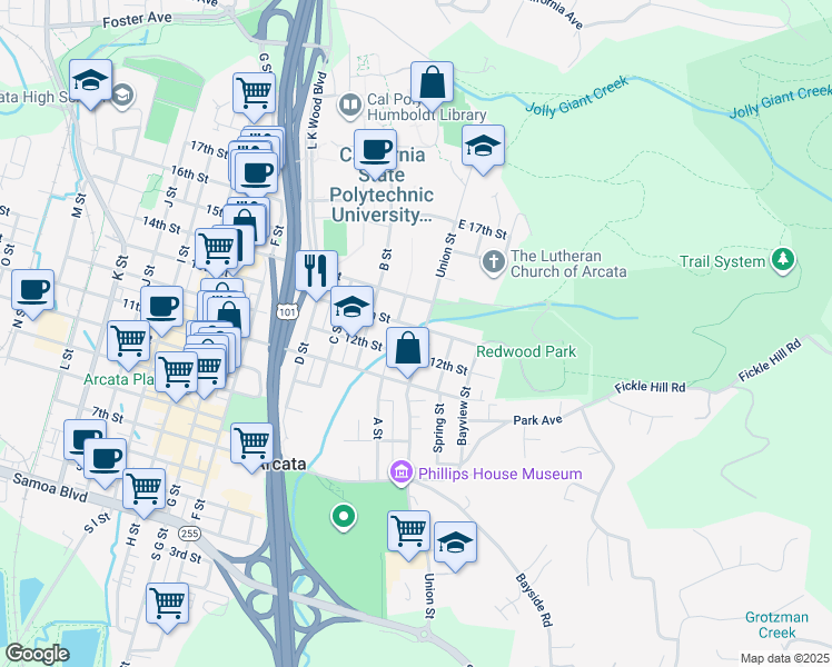 map of restaurants, bars, coffee shops, grocery stores, and more near 1285 Union Street in Arcata