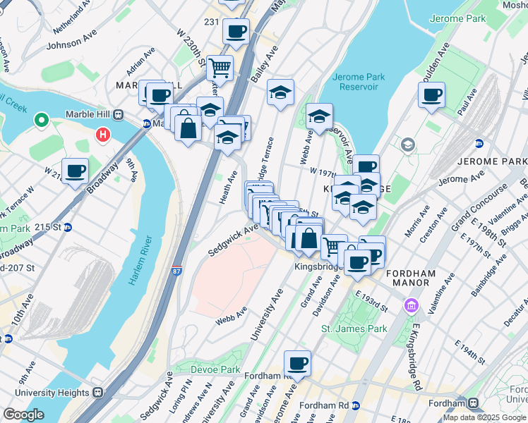 map of restaurants, bars, coffee shops, grocery stores, and more near 2719 Sedgwick Avenue in Bronx