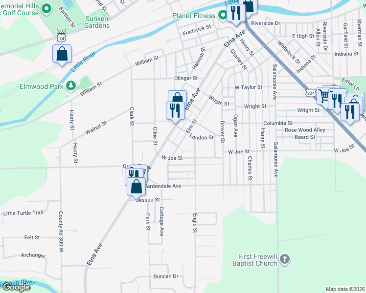 map of restaurants, bars, coffee shops, grocery stores, and more near 1163 Elm Street in Huntington