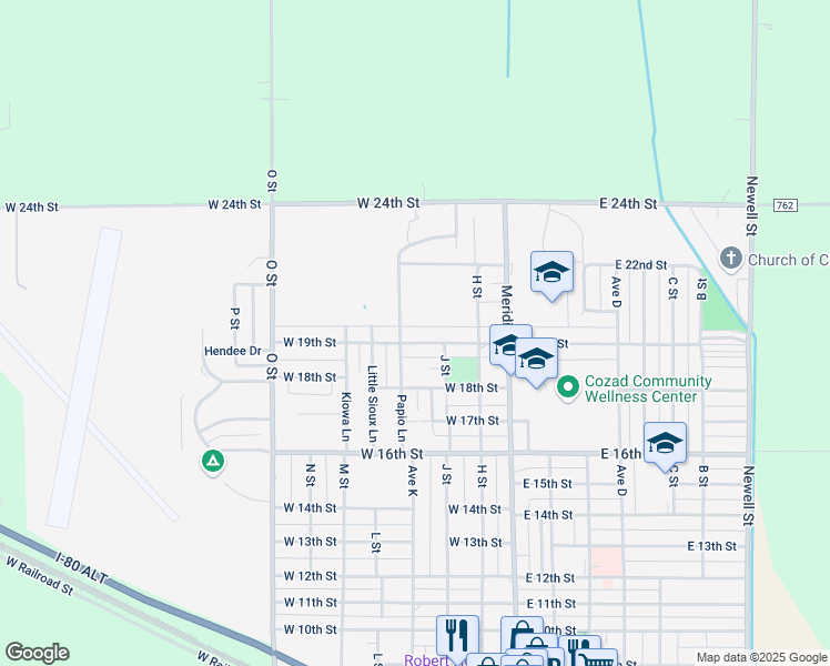 map of restaurants, bars, coffee shops, grocery stores, and more near Papio Lane in Cozad