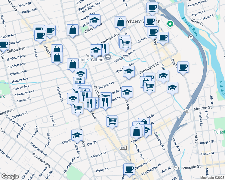 map of restaurants, bars, coffee shops, grocery stores, and more near 28 Summer Street in Passaic