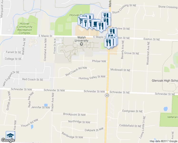 map of restaurants, bars, coffee shops, grocery stores, and more near 2110 Red Coach Road Northwest in North Canton