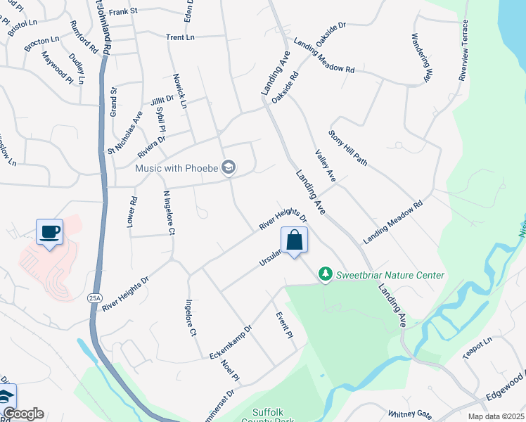 map of restaurants, bars, coffee shops, grocery stores, and more near 5 Neil Drive in Smithtown