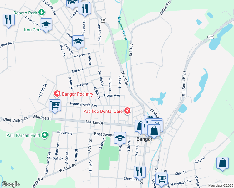 map of restaurants, bars, coffee shops, grocery stores, and more near 204 North 4th Street in Bangor
