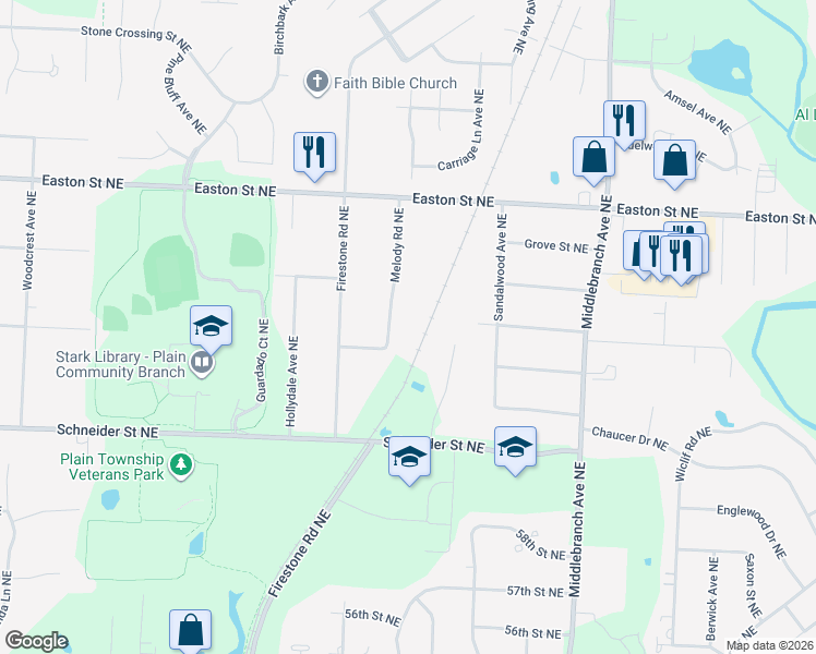 map of restaurants, bars, coffee shops, grocery stores, and more near 6130 Melody Road Northeast in Canton