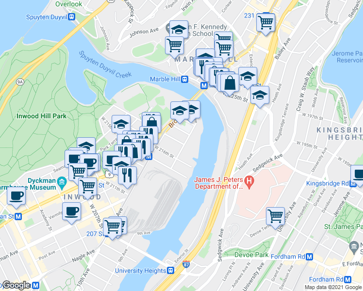 map of restaurants, bars, coffee shops, grocery stores, and more near 4060 9th Avenue in New York