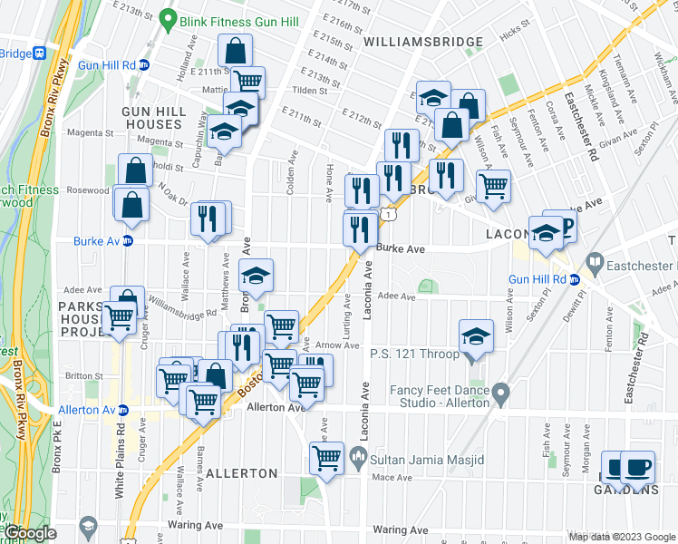 map of restaurants, bars, coffee shops, grocery stores, and more near 3059 Boston Road in Bronx