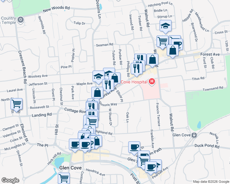 map of restaurants, bars, coffee shops, grocery stores, and more near 28 Forest Ave in Glen Cove