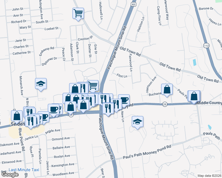 map of restaurants, bars, coffee shops, grocery stores, and more near 650 Middle Country Road in Coram