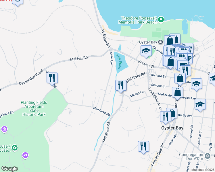 map of restaurants, bars, coffee shops, grocery stores, and more near 44 Lake Avenue in Oyster Bay