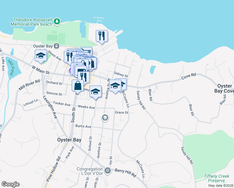 map of restaurants, bars, coffee shops, grocery stores, and more near 150 East Main Street in Oyster Bay