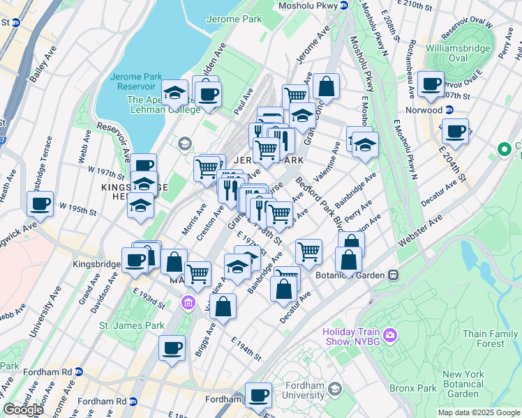map of restaurants, bars, coffee shops, grocery stores, and more near 2870 Grand Concourse in Bronx