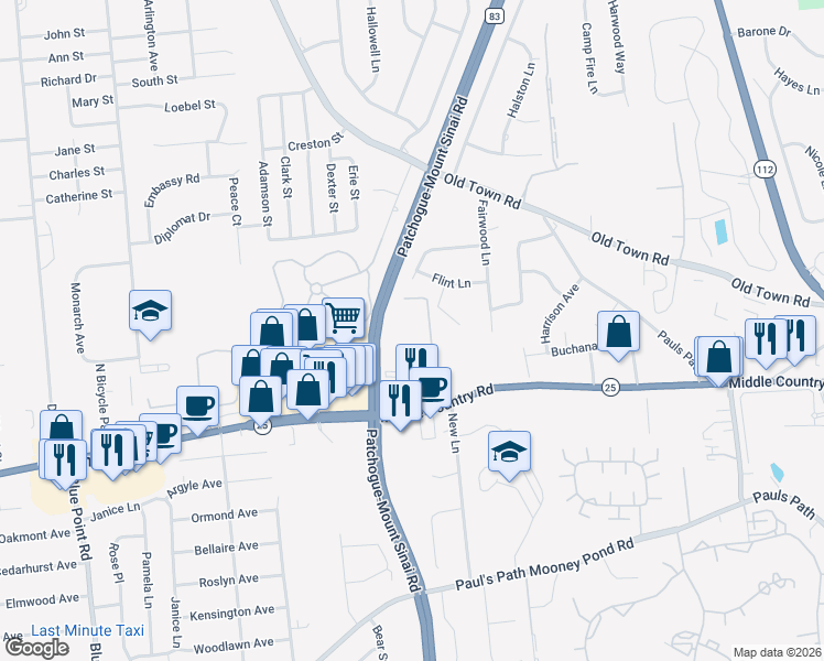 map of restaurants, bars, coffee shops, grocery stores, and more near 650 Middle Country Road in Coram