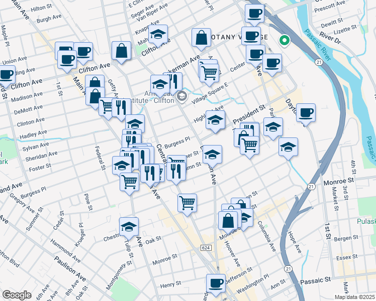 map of restaurants, bars, coffee shops, grocery stores, and more near 36 Summer Street in Passaic