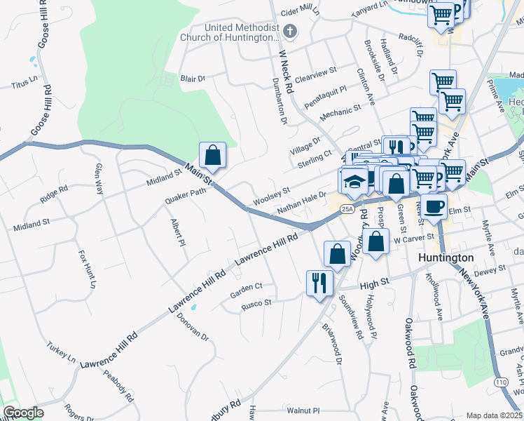 map of restaurants, bars, coffee shops, grocery stores, and more near 443 Main Street in Huntington