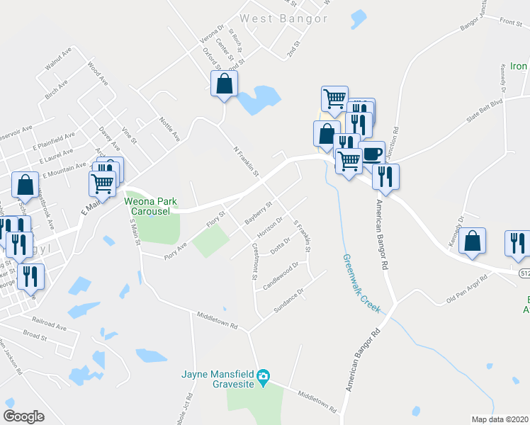 map of restaurants, bars, coffee shops, grocery stores, and more near 1108 Bayberry Street in Pen Argyl