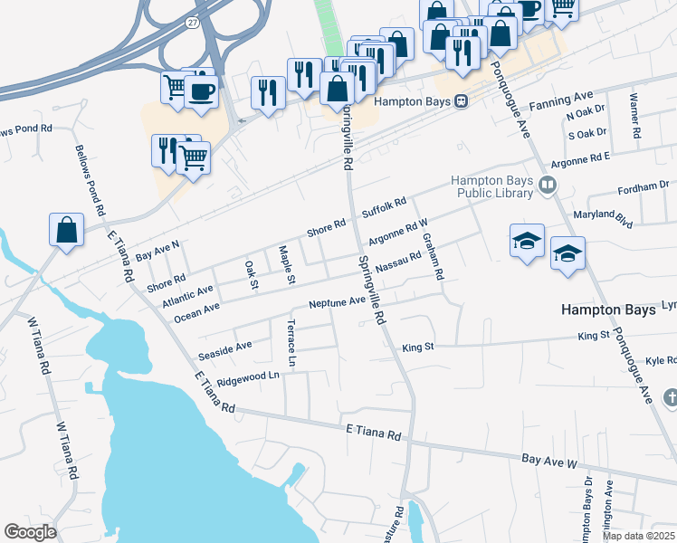 map of restaurants, bars, coffee shops, grocery stores, and more near 11 Atlantic Avenue in Hampton Bays