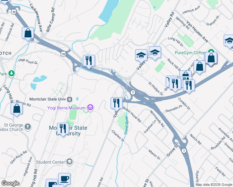 map of restaurants, bars, coffee shops, grocery stores, and more near 900 Valley Road in Clifton