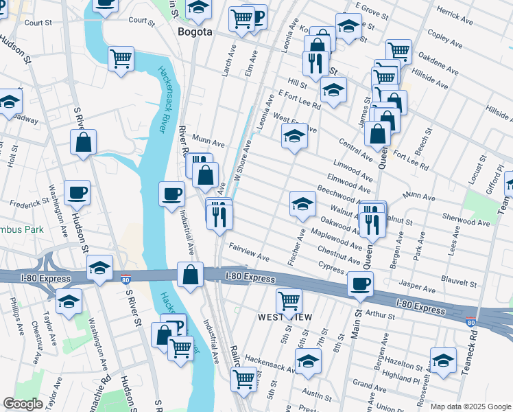 map of restaurants, bars, coffee shops, grocery stores, and more near 59 Maplewood Avenue in Bogota