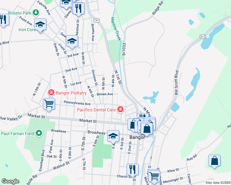 map of restaurants, bars, coffee shops, grocery stores, and more near 207 North 4th Street in Bangor
