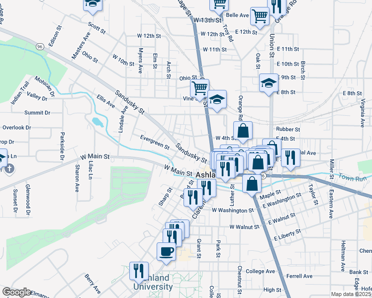 map of restaurants, bars, coffee shops, grocery stores, and more near 352 Sandusky Street in Ashland