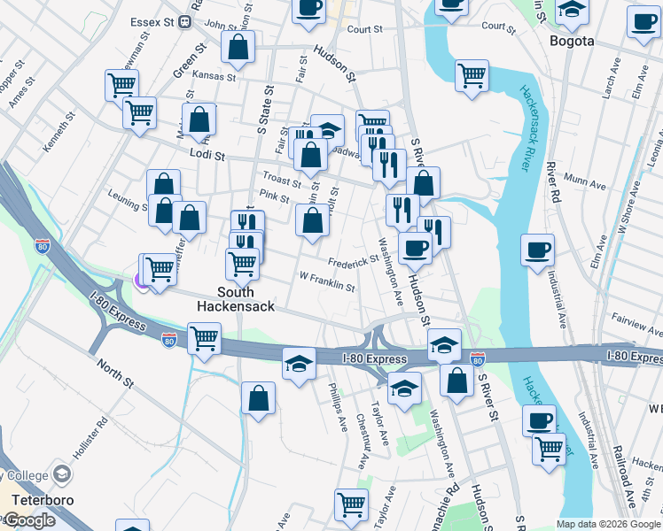 map of restaurants, bars, coffee shops, grocery stores, and more near 77 Frederick Street in Hackensack