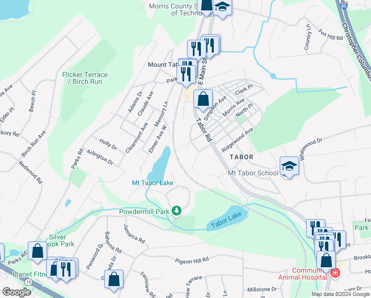 map of restaurants, bars, coffee shops, grocery stores, and more near 79 Hope Road in Parsippany-Troy Hills