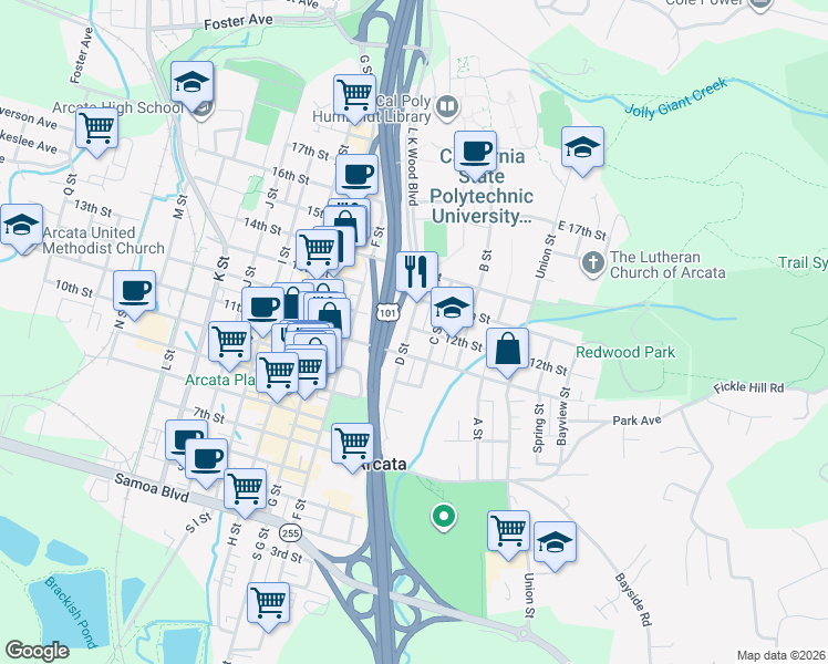 map of restaurants, bars, coffee shops, grocery stores, and more near 380 12th St in Arcata