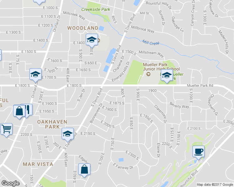 map of restaurants, bars, coffee shops, grocery stores, and more near 792 East 1825 South in Bountiful