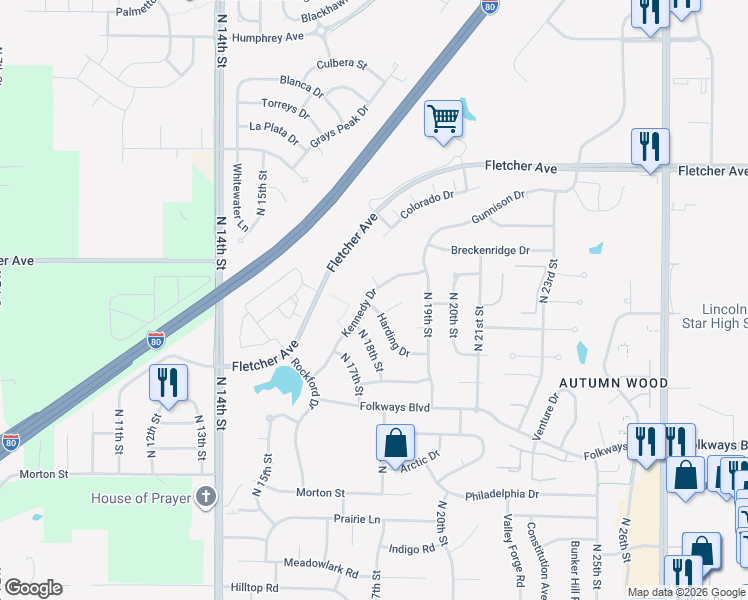 map of restaurants, bars, coffee shops, grocery stores, and more near 1827 Kennedy Drive in Lincoln