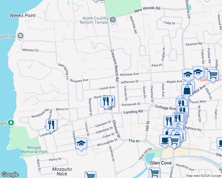 map of restaurants, bars, coffee shops, grocery stores, and more near 34 Miller Street in Glen Cove