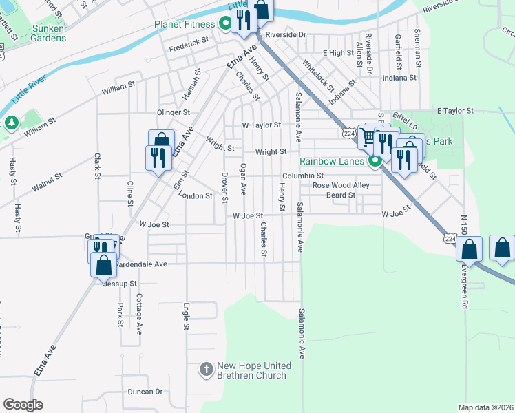 map of restaurants, bars, coffee shops, grocery stores, and more near 1220 Charles Street in Huntington