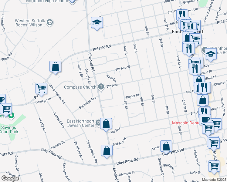 map of restaurants, bars, coffee shops, grocery stores, and more near 24 Rocco Drive in East Northport