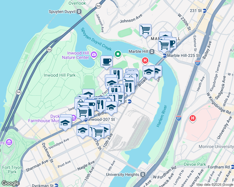map of restaurants, bars, coffee shops, grocery stores, and more near 55 Park Terrace East in New York