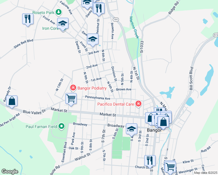 map of restaurants, bars, coffee shops, grocery stores, and more near 222 North 6th Street in Bangor