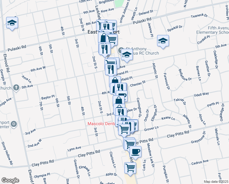 map of restaurants, bars, coffee shops, grocery stores, and more near in East Northport