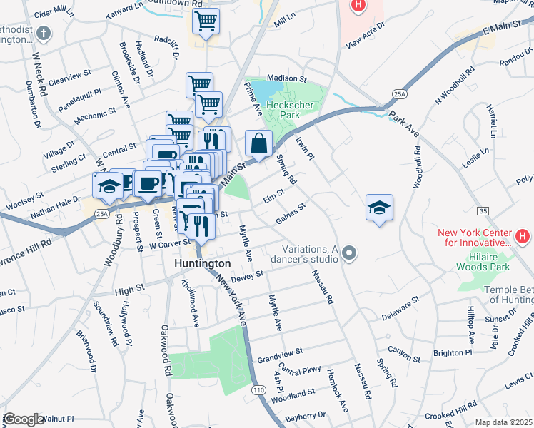 map of restaurants, bars, coffee shops, grocery stores, and more near 68 Nassau Road in Huntington