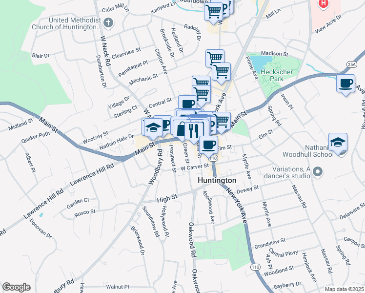 map of restaurants, bars, coffee shops, grocery stores, and more near 304 Main Street in Huntington