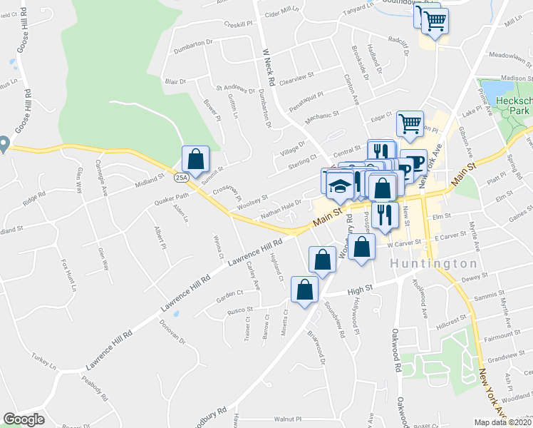 map of restaurants, bars, coffee shops, grocery stores, and more near 47 Nathan Hale Drive in Huntington