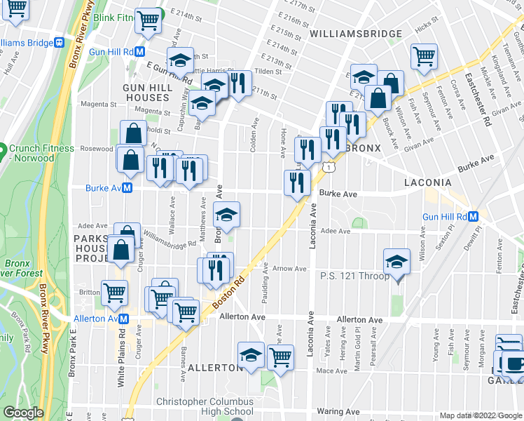 map of restaurants, bars, coffee shops, grocery stores, and more near 3030 Paulding Avenue in Bronx