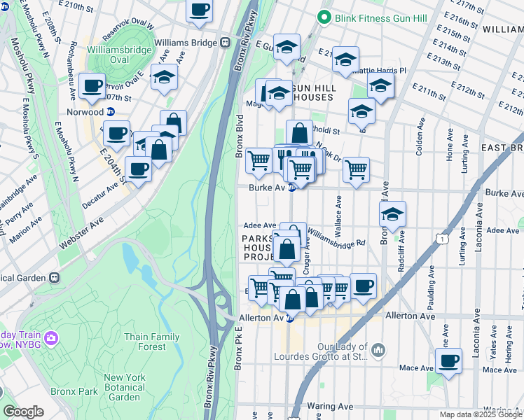 map of restaurants, bars, coffee shops, grocery stores, and more near 656 Lester Street in Bronx