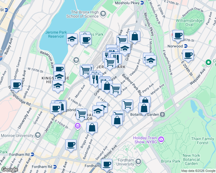 map of restaurants, bars, coffee shops, grocery stores, and more near 2870 Grand Concourse in Bronx