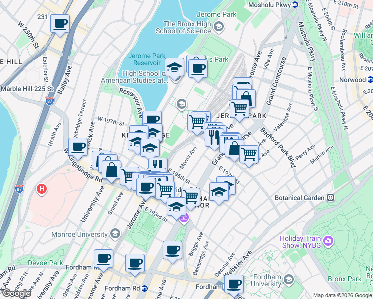 map of restaurants, bars, coffee shops, grocery stores, and more near 2808 Jerome Avenue in The Bronx