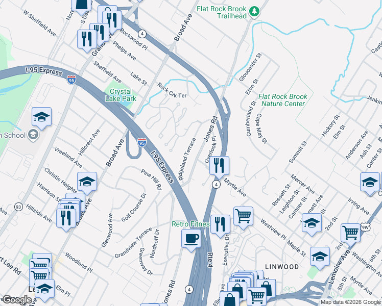 map of restaurants, bars, coffee shops, grocery stores, and more near 593 Ridgeland Terrace in Englewood